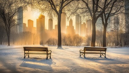Naklejka premium Winter Sunrise Cityscape: Empty Benches in Snowy Park, Golden Hour Light Illuminates Urban Skyline, Serene Winter Wonderland.