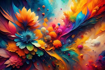 Obraz premium Colorful painting of flowers with a blue flower in the middle