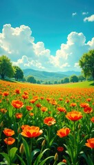 Fototapeta premium Un campo de margaritas florecientes bajo un cielo anaranjado, margaritas, naranja, verde