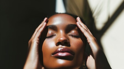 Employee practices eye exercises and relaxation techniques during workplace eye wellness month in a calming office environment