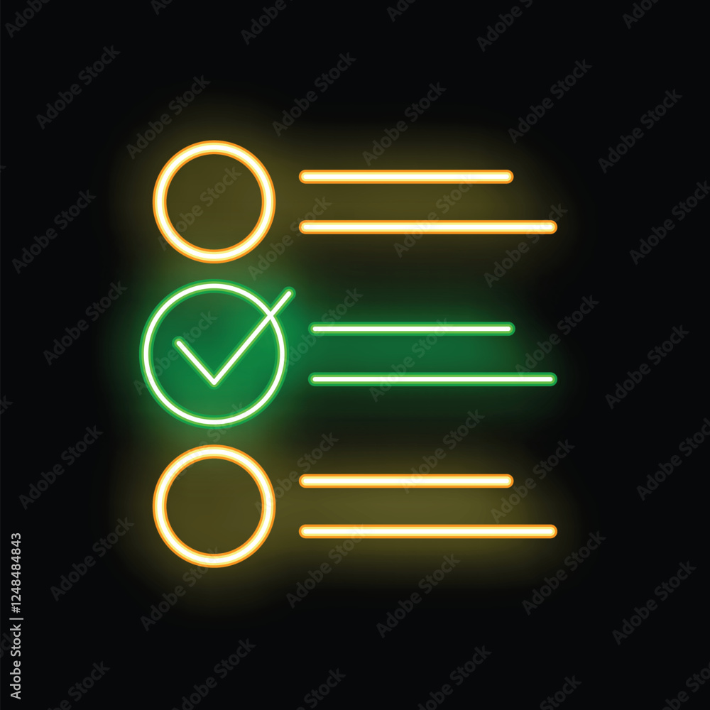 Aufkleber neon glowing check mark icon representing a completed task on a checklist