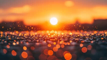 Sunset Glimmering on Water Surface with Raindrops