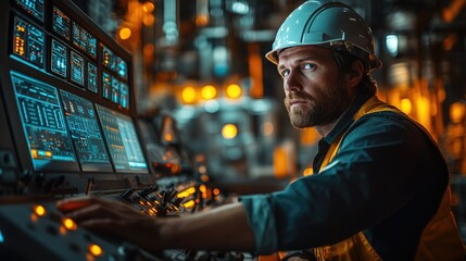 Obraz premium Operator monitors machinery controls in a modern industrial facility during a daytime shift