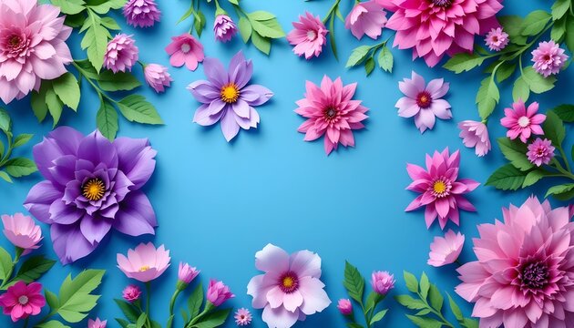 Flores de papel de colores en tonos rosa y morado dispuestas sobre un fondo azul brillante, con hojas y follaje verdes que realzan la composici&oacute;n