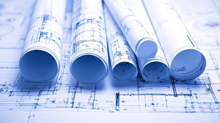 A modern workspace with architectural blueprints spread out on a desk.