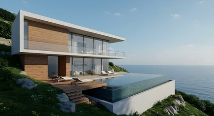 Fototapeta premium Modern Cliffside Villa with Infinity Pool and Ocean View