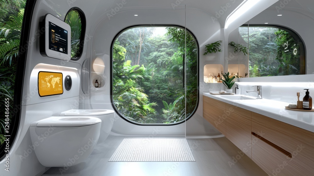 Poster futuristic and high tech bathroom design featuring smart automations floor to ceiling windows with l
