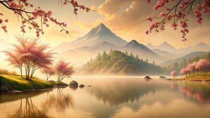 Serene dawn over tranquil lake, misty mountains reflecting in calm waters, delicate pink blossoms adorning the shore, a picturesque landscape of idyllic beauty.