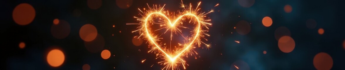 Heart-shaped sparkler, fiery gold, bright sparks, shimmer, love, shiny