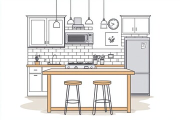 Minimalist kitchen design with island, stools, and white cabinets.