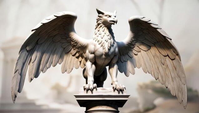 Majestic Griffin Sculpture: A Powerful Mythical Creature with Eagle Wings and Lion Body, Carved from White Marble, Classic Artistic Style. Renaissance. 3