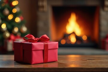Gift box with ribbon and bow on a table in front of a fireplace, present, holiday decor