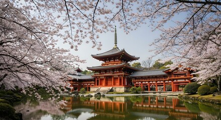 Japanese Temple Spring Blossom Pond Reflection