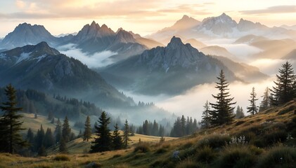 Obraz premium A quiet mountain panorama at sunrise, the valley obscured by a swirling mist, the mountain summits bathed in a radiant, golden light, a clear blue sky above.