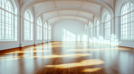 Fototapeta premium Big white bright loft room architecture render 3d illustration with shiny wooden floor and white textured walls day light high key lighting