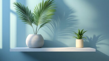 Obraz premium A minimalistic interior scene featuring a shelf with two potted plants against a light blue wall, casting soft shadows