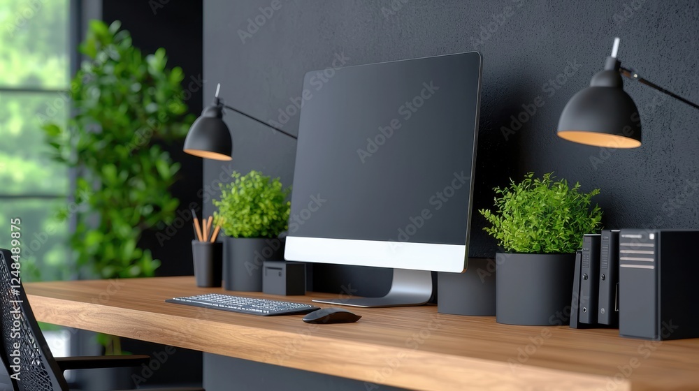 Poster futuristic and minimalist workspace designed to inspire innovation and boost productivity in a clean