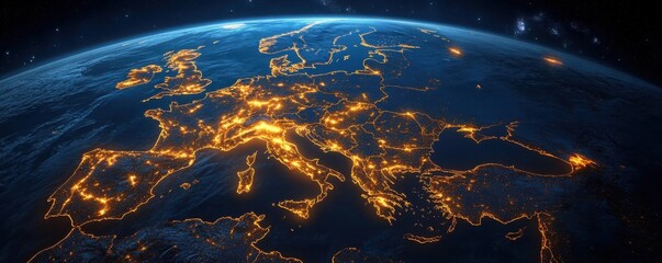 Map of the Europe continent with glowing lights in yellow and orange- representing bustling city activity at night- with Earth's blue surface in background.