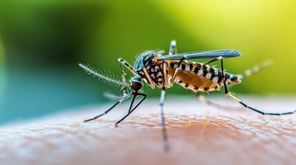 Closeup photo of a tiger mosquito with its thin legs and long wings visible while resting on skin.