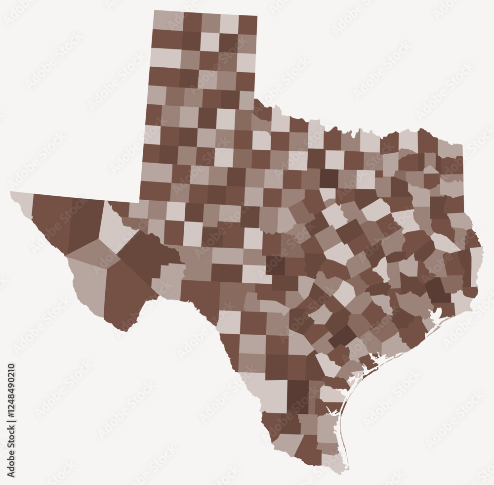 Poster map of texas with counties. just a simple state border map with county division. brown color palette