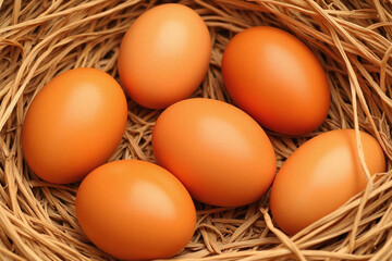 five brown eggs in dry golden brown straw natural light