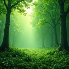 Fototapeta premium Misty forest landscape with green bokeh background, bokeh, blurred, mist