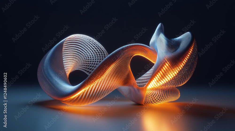 Poster abstract glowing curve geometric shapes with metal surface 3d render. 3d illustration