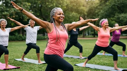 African American women in yoga class, fitness, exercise, and wellness in park. Group, senior people, health, active lifestyle, training outdoor, balance and stretching together - Powered by Adobe