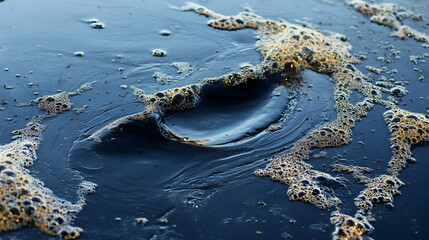 Oil slick swirls in water, bubbles, pollution