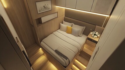 A smartly arranged small-space bedroom using a neutral color scheme.