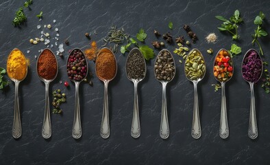 Colorful spices and herbs in spoons on dark background.