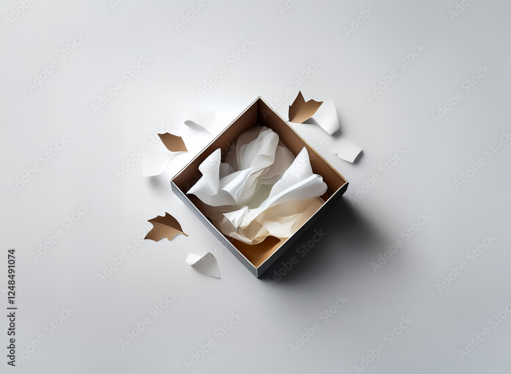 Poster minimalist double exposure concept with an open box and crumpled paper. simple, abstract composition