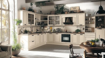 A space-efficient, modern kitchen with built-in cabinets and light colors.