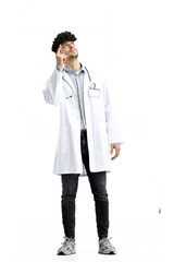 A male doctor, full-length, on a white background, has an idea