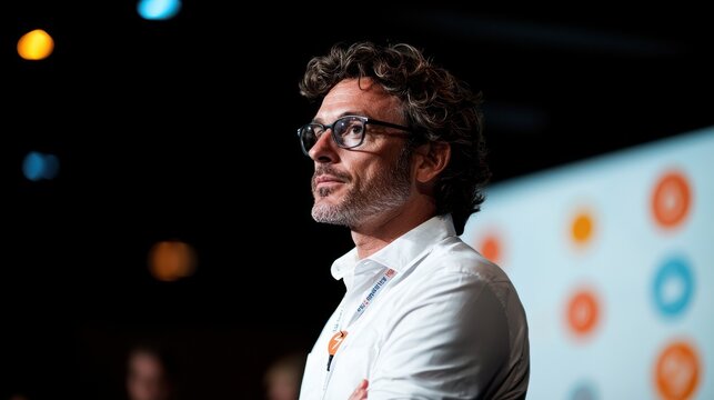 Confident male life coach standing at a podium and addressing an audience during a professional seminar or personal development event