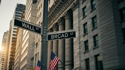 Wall Street and Broad Street sign in New York City, finance, business and travel. Architecture, investment and urban with building, American flag and economy in downtown Manhattan