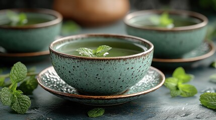 Mint tea, steaming cups, dark background, relaxation