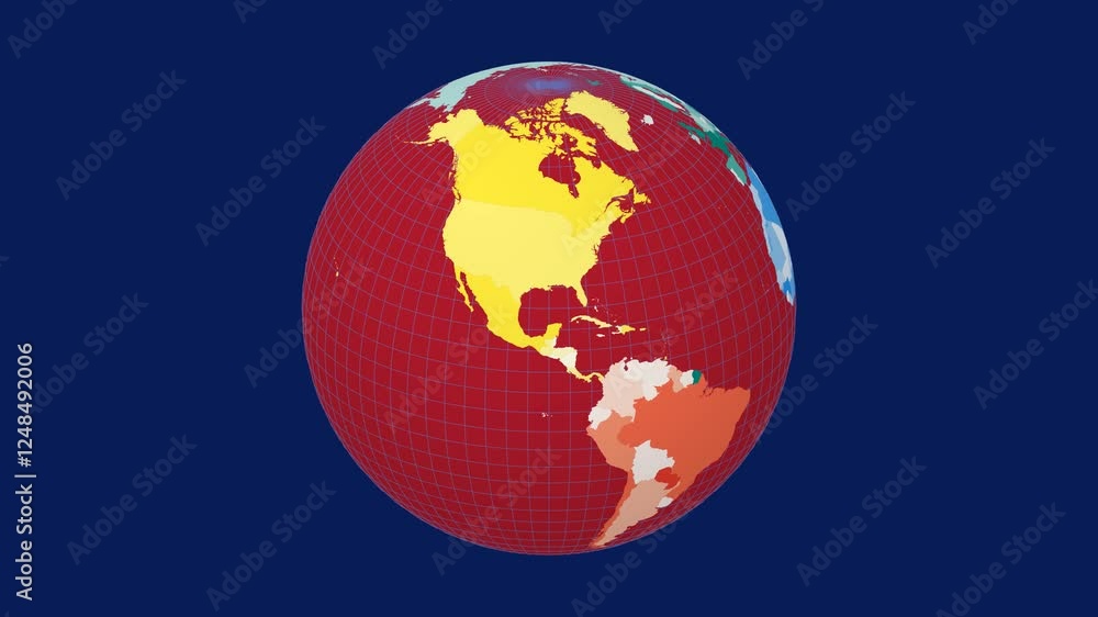 Poster spinning planet. slanted sphere view. fast speed planet rotation. colored countries style. world map