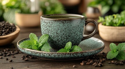 Mint teacup, herbs, wooden table, kitchen, refreshment