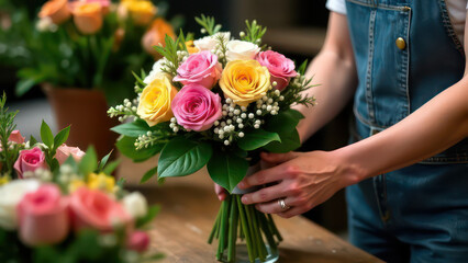 closeup female hands make modern bouquet on floral shop; florist workplace; realistic