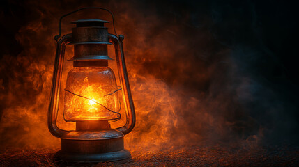 Vintage kerosene lamp glowing in darkness with smoke effect. Rustic oil lantern creating mysterious atmosphere against black background