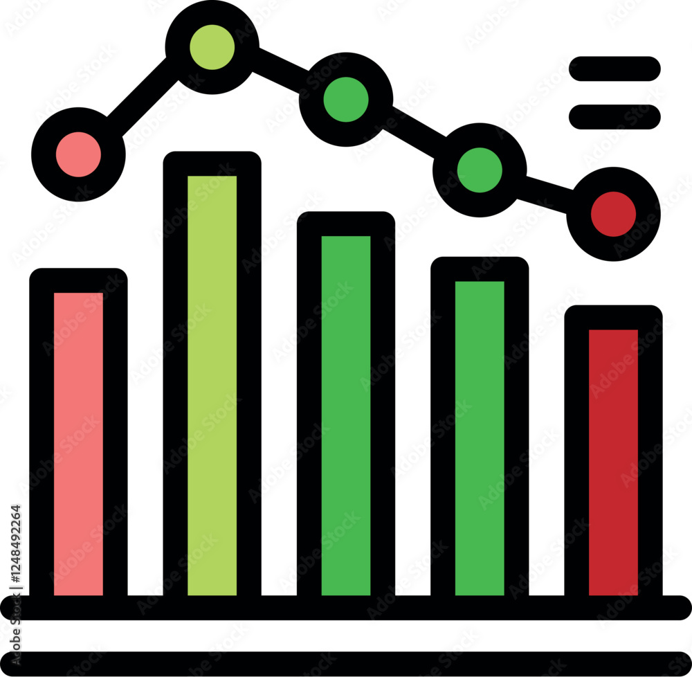 Poster colorful bar graph is decreasing, representing negative trend, while line graph shows data fluctuati