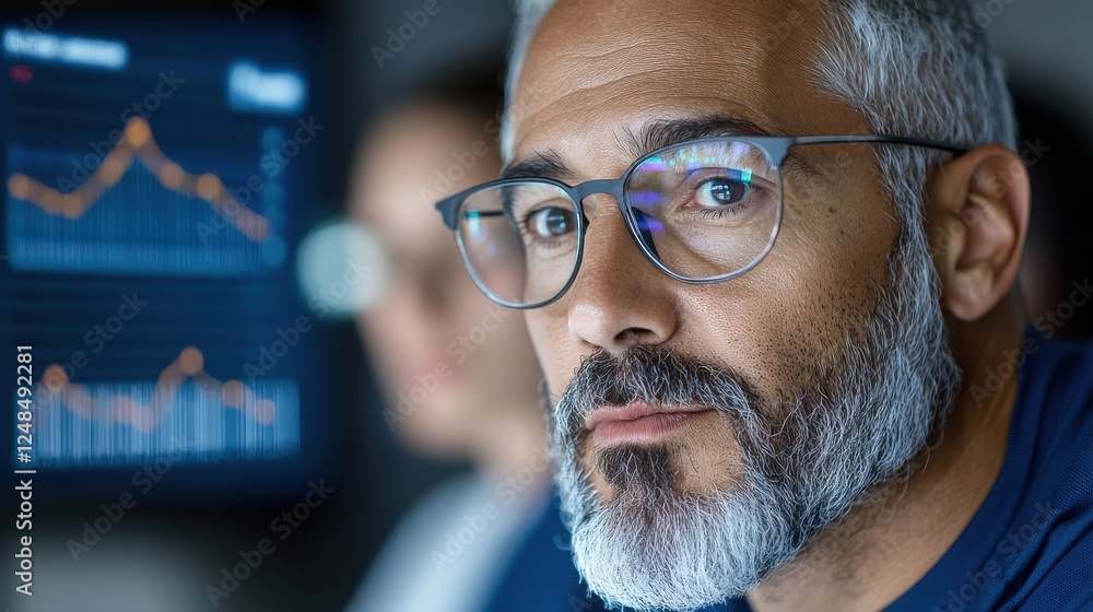 Aufkleber focused businessman in a suit and glasses closely examining business analytics financial graphs and 