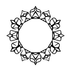 Black and white circular Mandala with floral motifs, geometric design, and minimalist style.
