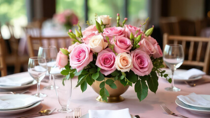 wedding table with decor floral composition made of pink flowers; professional photography, floral installation, beauty and elegance