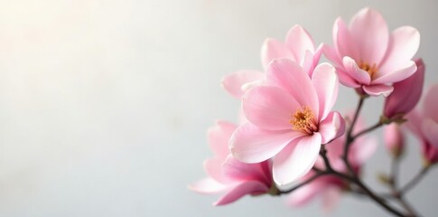 Fototapeta premium Pastel-colored magnolia flowers against a soft white background, nature, peaceful, blossom