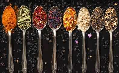 Assorted spices in vintage spoons on black background.