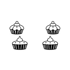 Four cupcakes, black and white, minimalist illustration on white background, cupcakes with buttercream and cream.