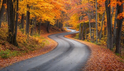 Obraz premium A winding autumn country road bordered by maple trees in brilliant shades of orange and yellow