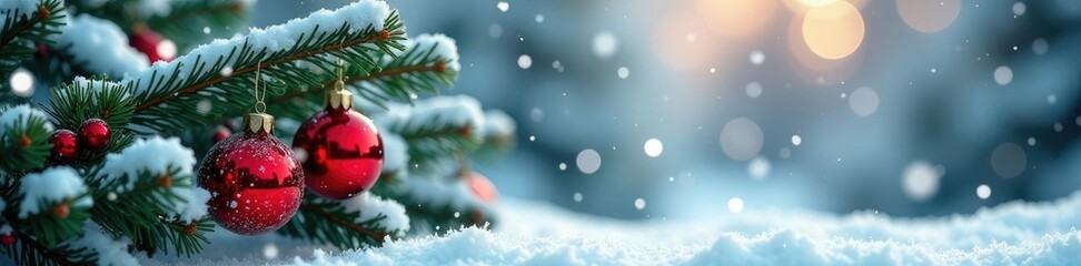 snow-covered spruce branch with falling snowflakes and Christmas balls, holly, ball ornaments